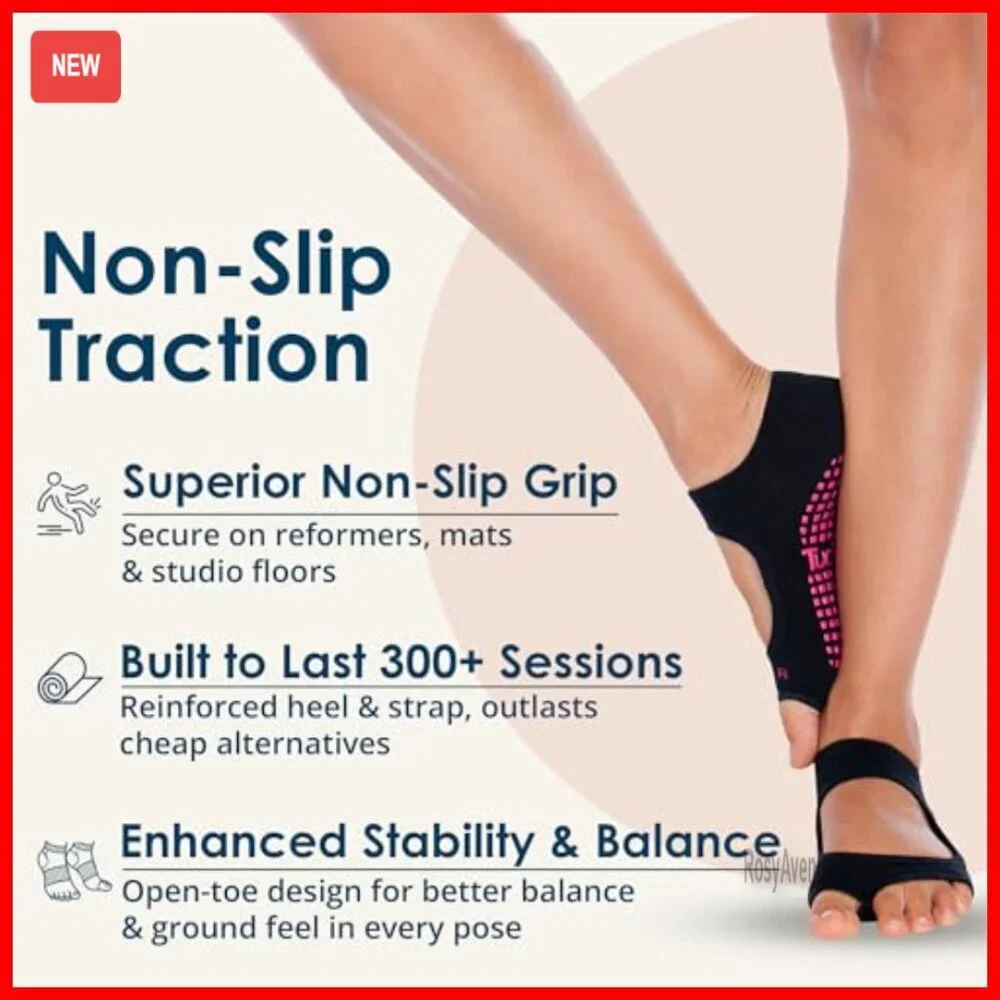 Non-Slip Toeless Pilates Socks with Grips, Size 6-13 for Yoga Barre Workouts